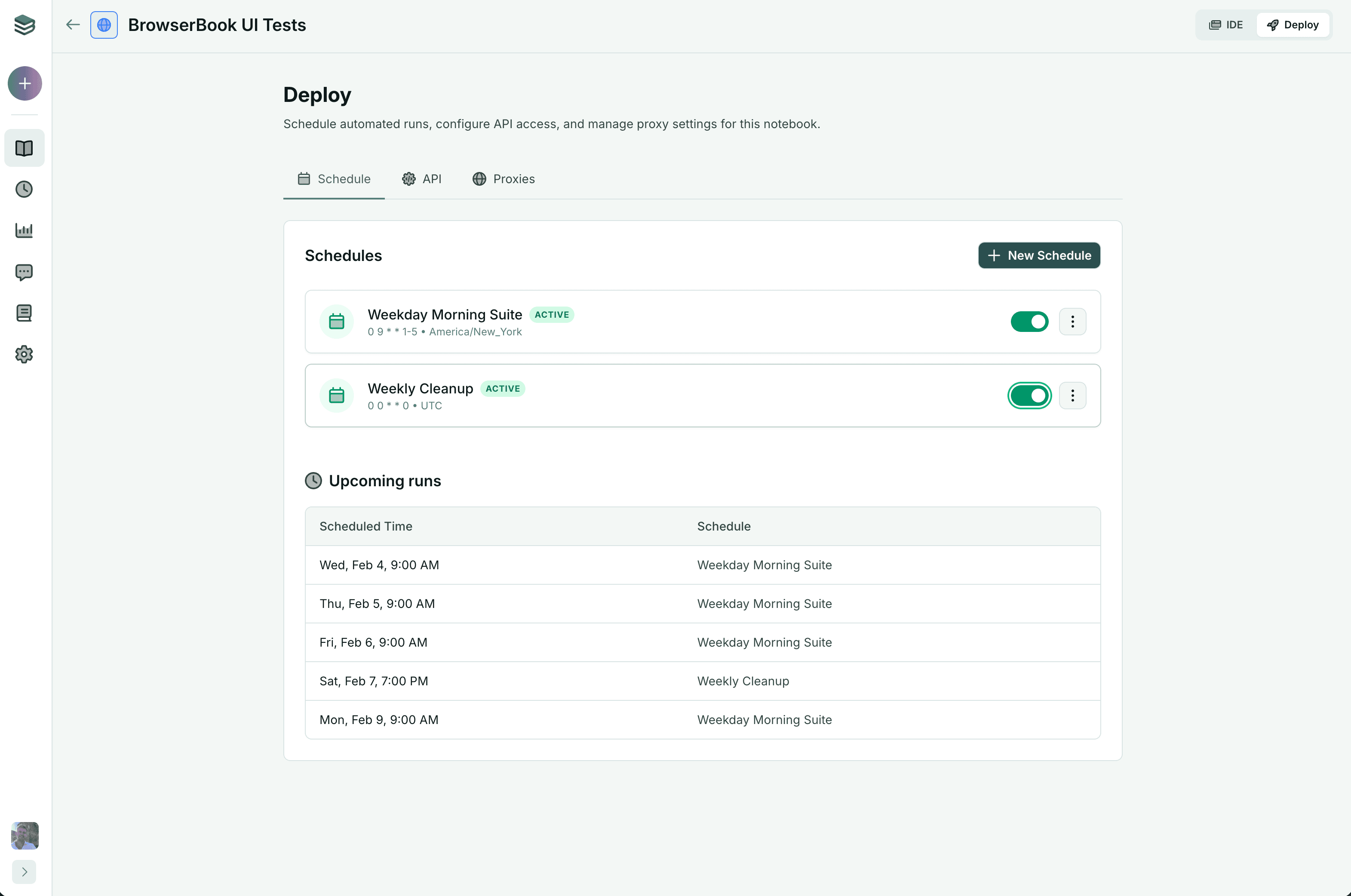 BrowserBook deployment interface showing scheduled automation runs and infrastructure management