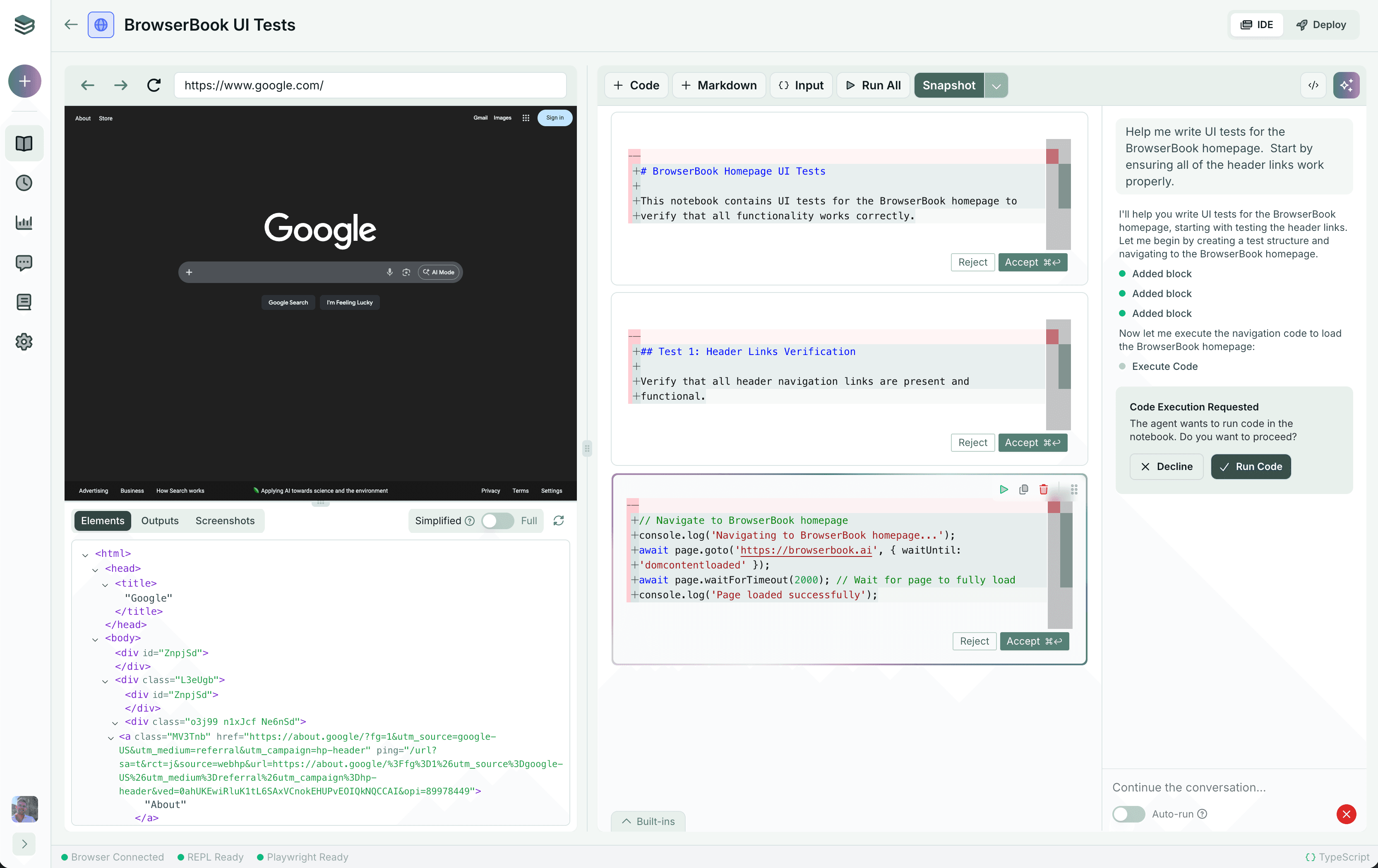 BrowserBook interface showing AI-assisted automation with live browser execution